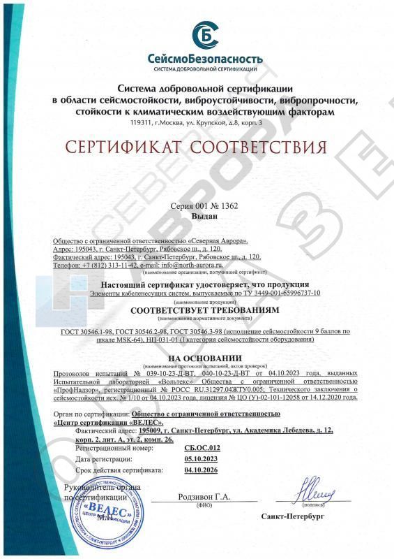 Сертификат сейсмостойкости кабельных лотков металлических